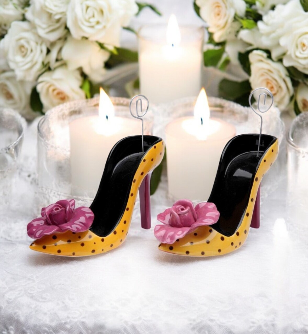 Ceramic Heel With Purple Flower Cell Phone / Post-It Holder (Set Of 2), Wedding Decor, Name Card Holder